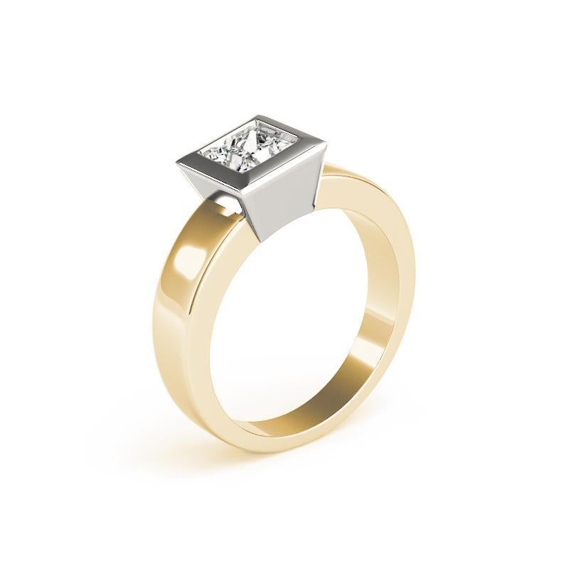 Donna GIA 0.9ct Anello con diamante moderno con solitario a castone e banda larga in oro giallo in vendita