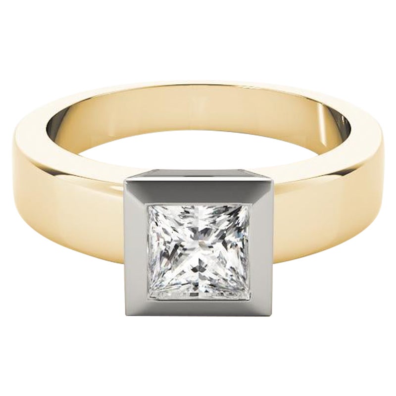 GIA 0.9ct Anello con diamante moderno con solitario a castone e banda larga in oro giallo