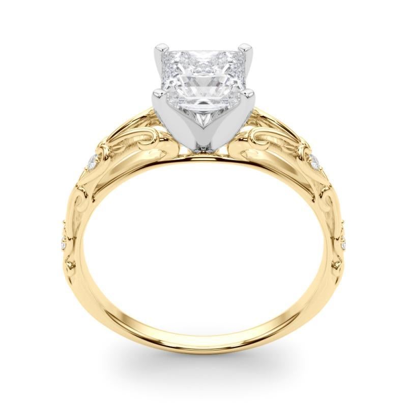 Donna GIA 0,9ct Princess Vintage 3-Stone Heart & Vine Anello di diamanti in oro giallo 18K in vendita