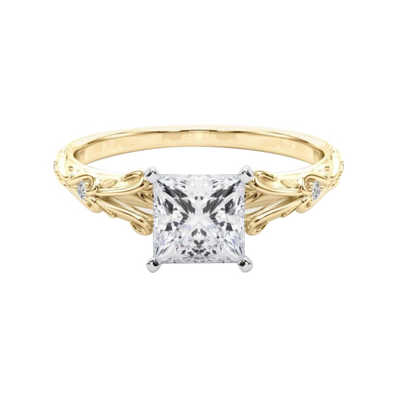 GIA 0,9ct Princess Vintage 3-Stone Heart & Vine Anello di diamanti in oro giallo 18K