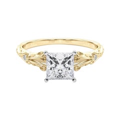 GIA 0.9ct Princess Vintage 3-Stone Heart & Vine 18K Yellow Gold Diamond Ring