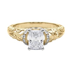 GIA 0.9ct Radiant Chevron Halo Floral Filigree 18K Yellow Gold Diamond Ring