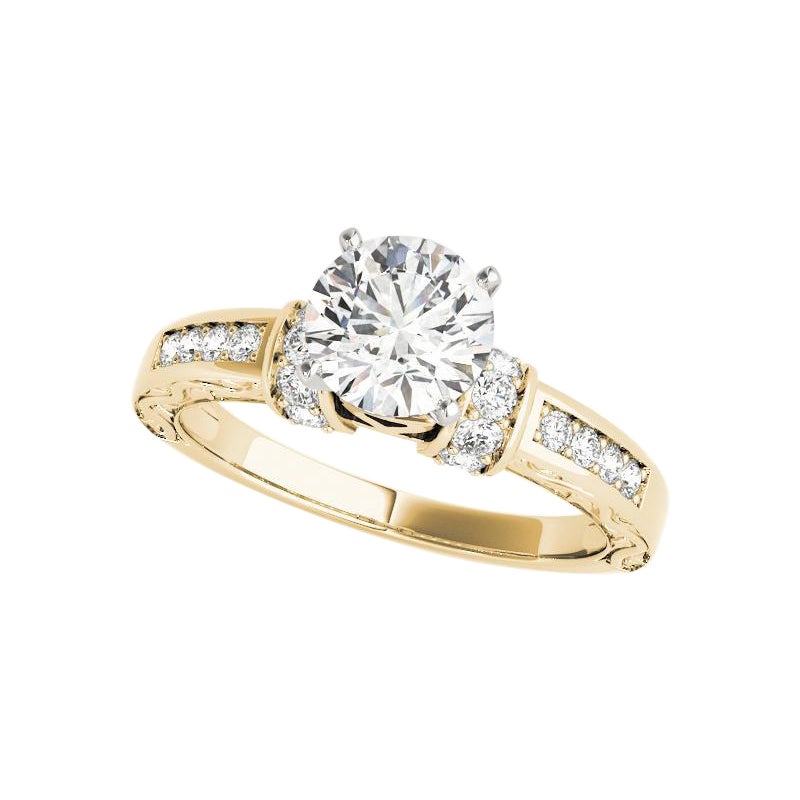 GIA Bague en or jaune 18K avec diamant rond de 0,9ct, gravé dans une galerie de fantaisie antique