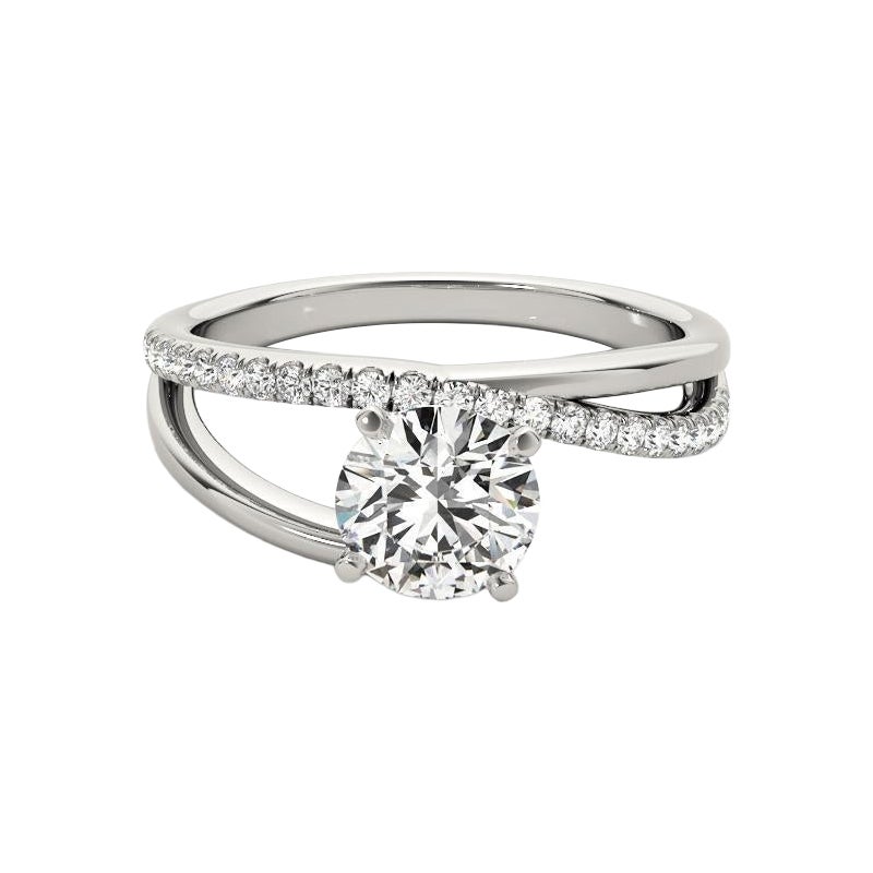 GIA Bague en or blanc avec diamant rond asymétrique de 0,9ct et ruban fendu