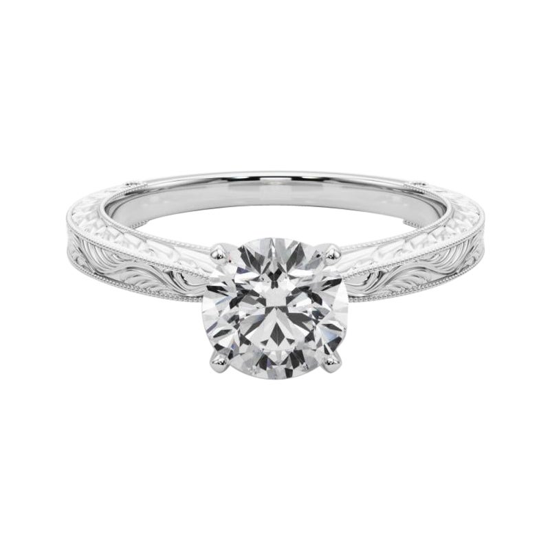 GIA 0,9ct Anello classico rotondo solitario in oro bianco inciso antico con diamanti
