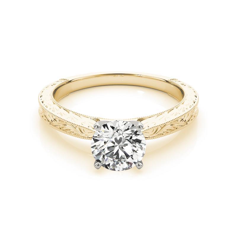 Taglio rotondo GIA 0,9ct Anello classico rotondo solitario antico inciso in oro giallo con diamanti in vendita