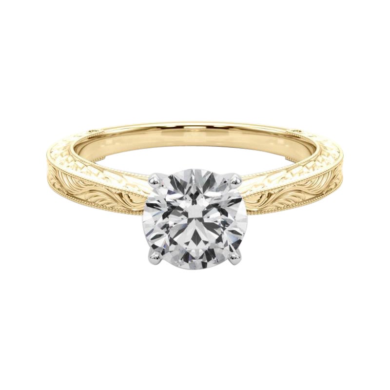GIA 0.9ct Round Classic Solitaire Antique Engraved Yellow Gold Diamond Ring (Bague en or jaune gravée de diamants)