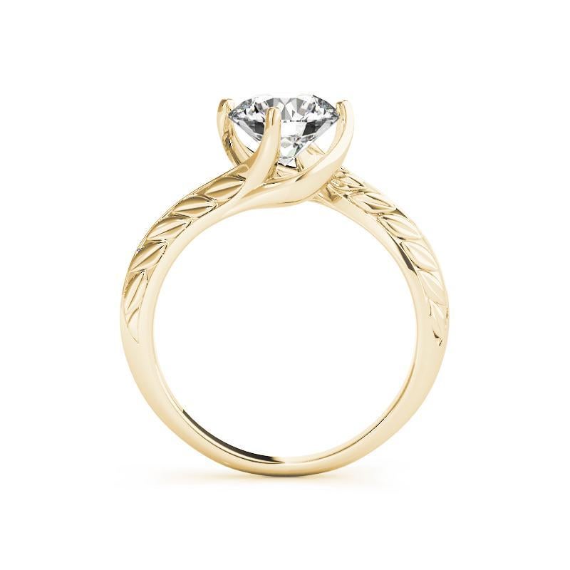 Taglio rotondo GIA 0,9ct Anello con diamante rotondo solitario bypassato con incisione a foglia in oro giallo 18K in vendita