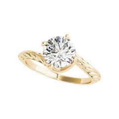 GIA 0.9ct Round Solitaire Bypass Engraved Leaf 18K Yellow Gold Diamond Ring