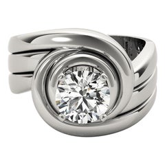 GIA 0.9ct Round Solitaire Swirl Scalloped Band 18K White Gold Diamond Ring