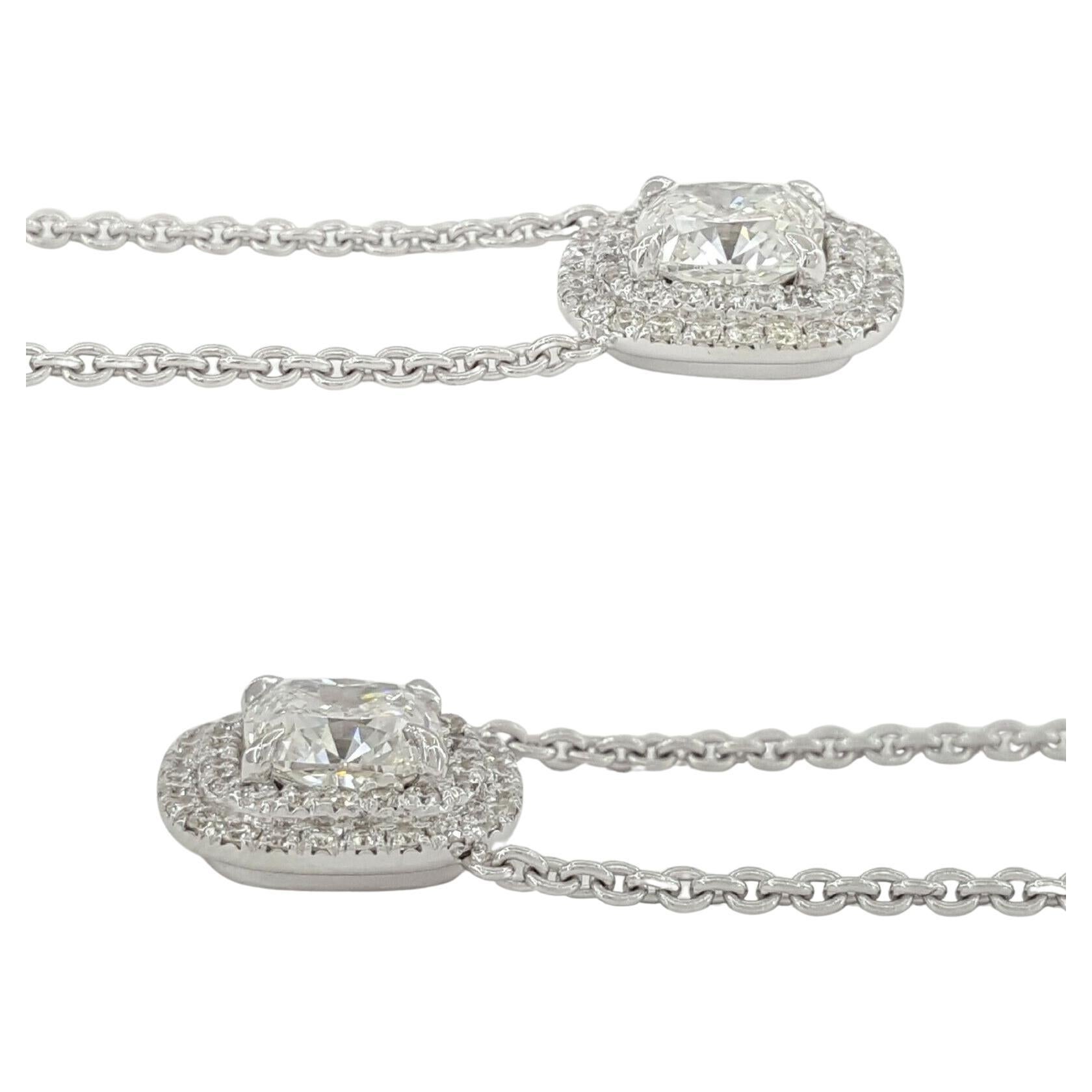  1.40 ct Total Weight 18K White Cushion Brilliant Cut Diamond Double Halo Pendant / Necklace 16