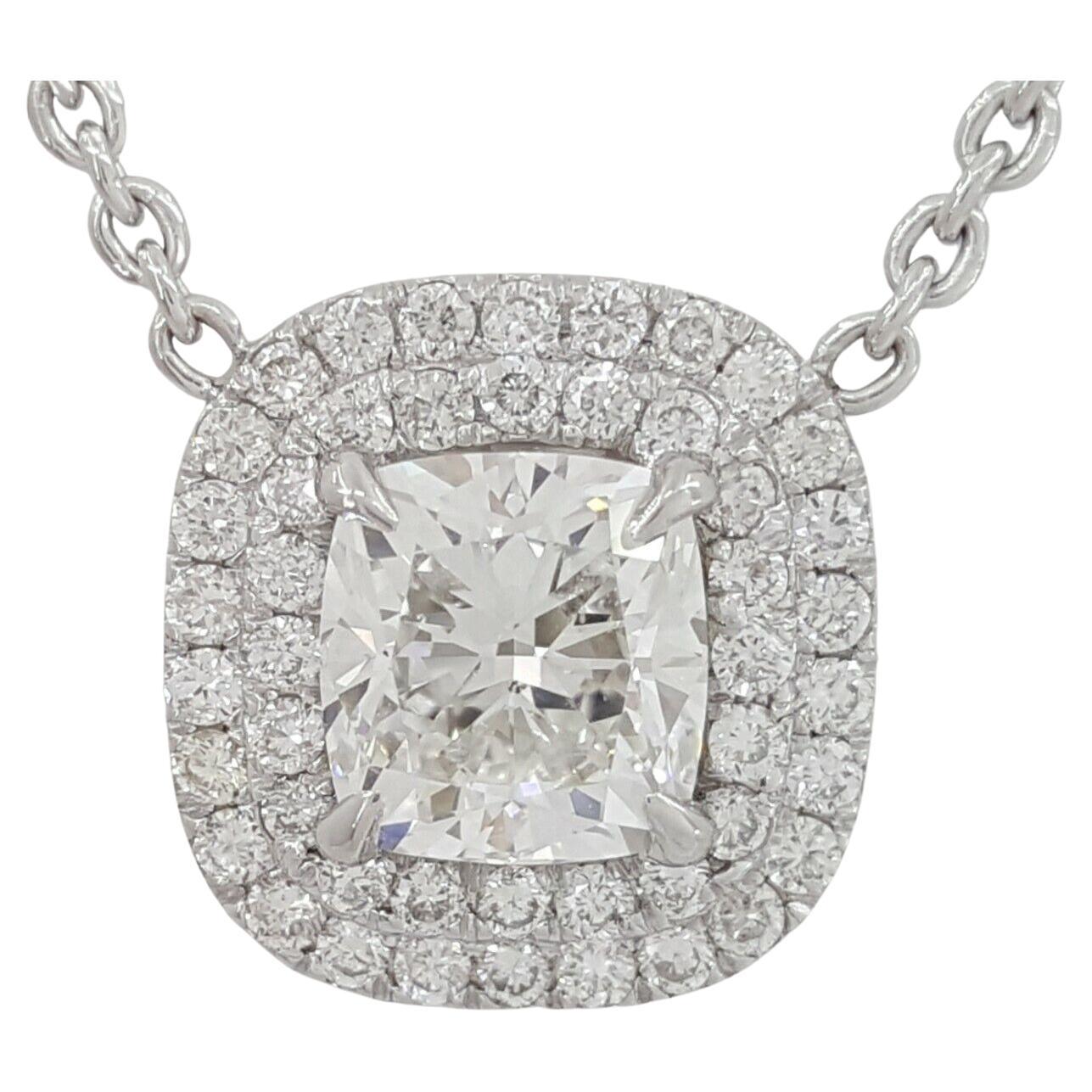 Cushion Cut GIA 1 Carat Cushion Brilliant Cut Diamond Double Halo Pendant / Necklace 16