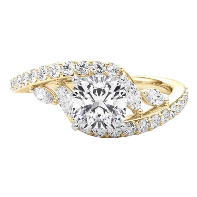 GIA 1 Carat Cushion Curved Bypass Leaf & Vine Anello con diamanti in oro giallo 18K