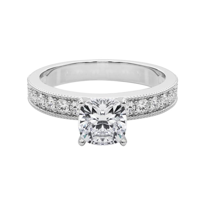 GIA 1 Carat Cushion Vintage Milgrain Channel Anello con diamanti in oro bianco 18K
