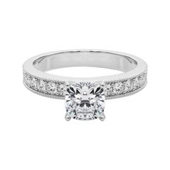 GIA 1 Carat Cushion Vintage Milgrain Channel Anello con diamanti in oro bianco 18K
