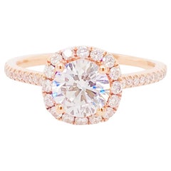 Bague halo en or rose avec diamant rond taille coussin de 1 carat certifié GIA