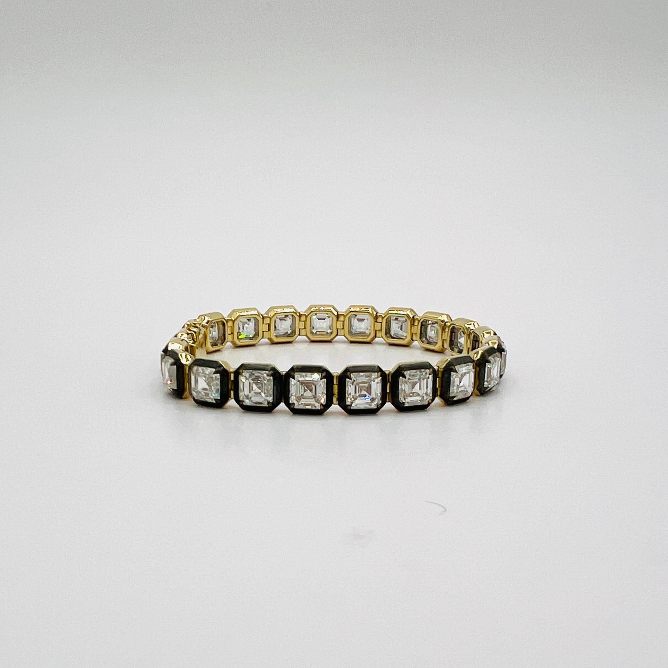 GIA 1 Carat Each Asscher Cut Diamond Bracelet in Black Rhodium & 18K Yellow Gold For Sale 3