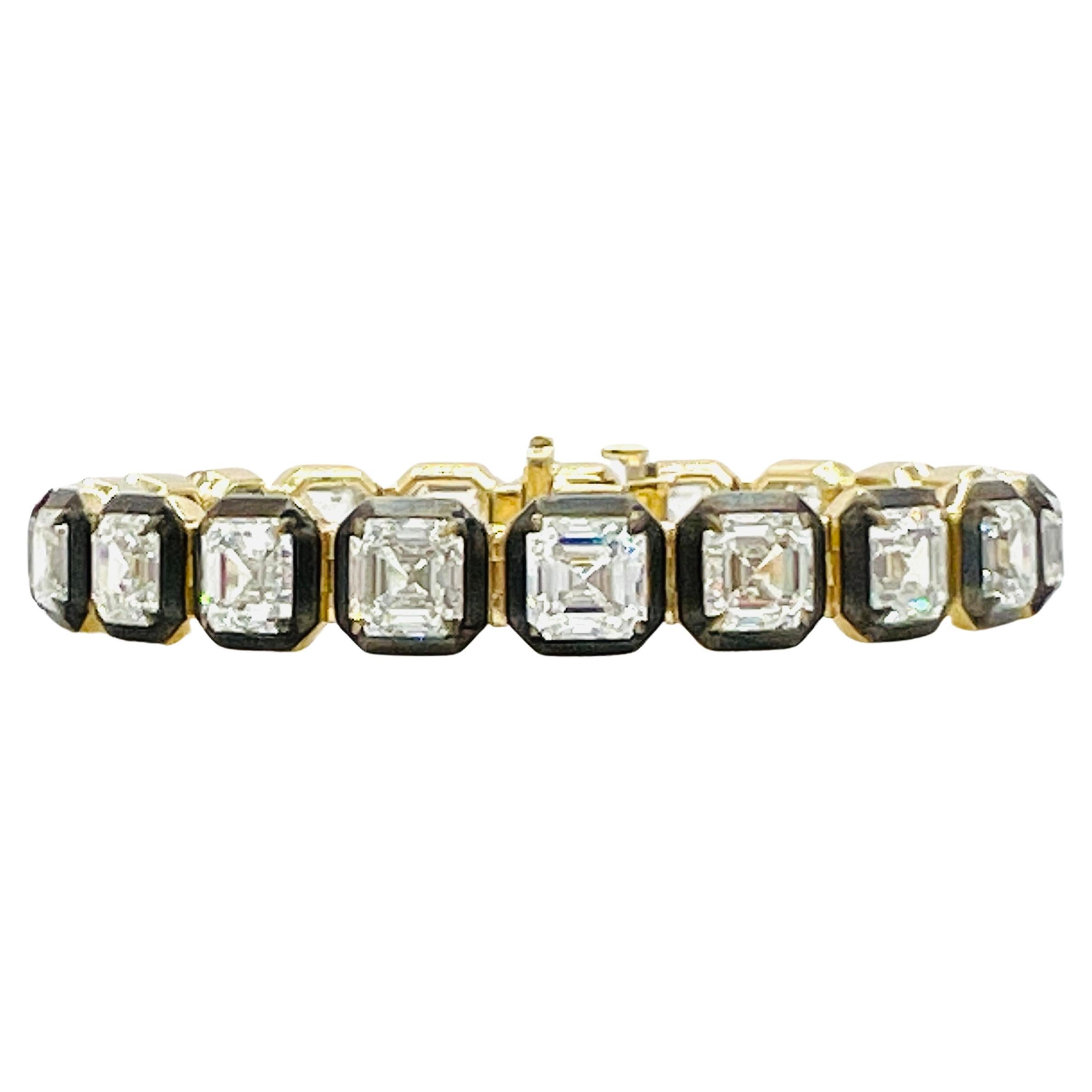 GIA 1 Carat Each Asscher Cut Diamond Bracelet in Black Rhodium & 18K Yellow Gold For Sale