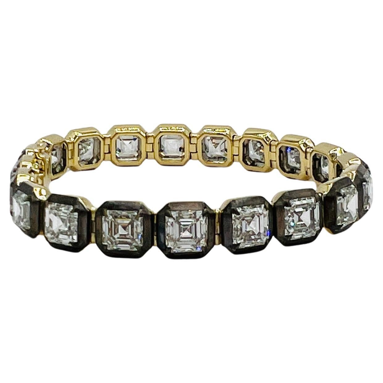 GIA 1 Carat Each Asscher Cut Diamond Bracelet in Black Rhodium & 18K Yellow Gold