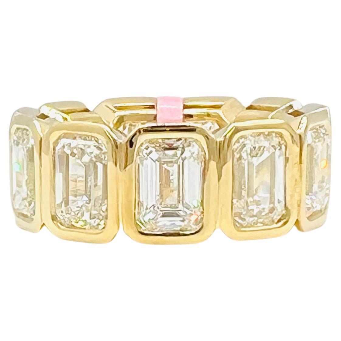GIA 1 Carat Each Emerald Cut Diamond Bezel Eternity Band Ring in 18K Yellow Gold