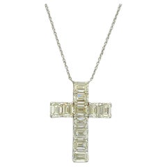 GIA 1 Carat Each Emerald Cut Diamond Cross Pendant Necklace in 18K White Gold