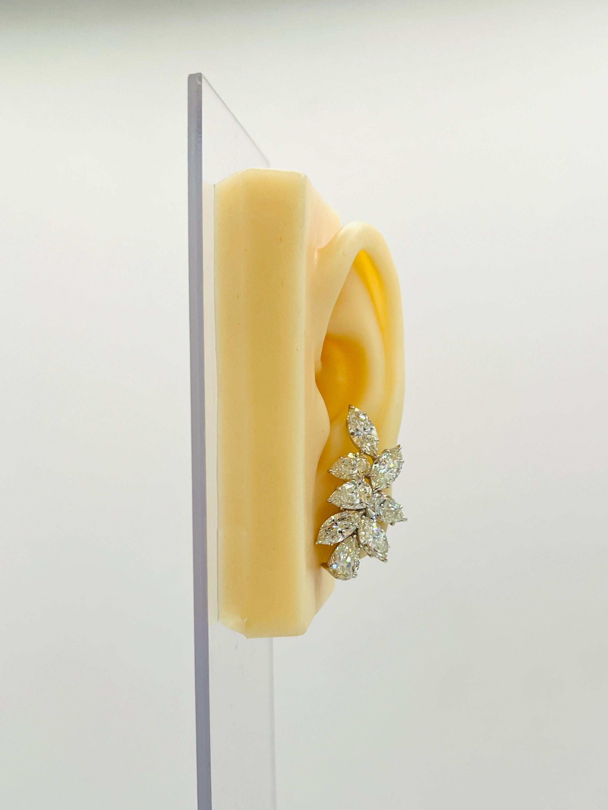 Absolutely amazing 15.27 ct. white diamond pear and marquise cluster crawler earrings.  Total of 16 stones, all just around 1 ct.  Handmade in 18k white gold.  All stones come with GIA certificates.