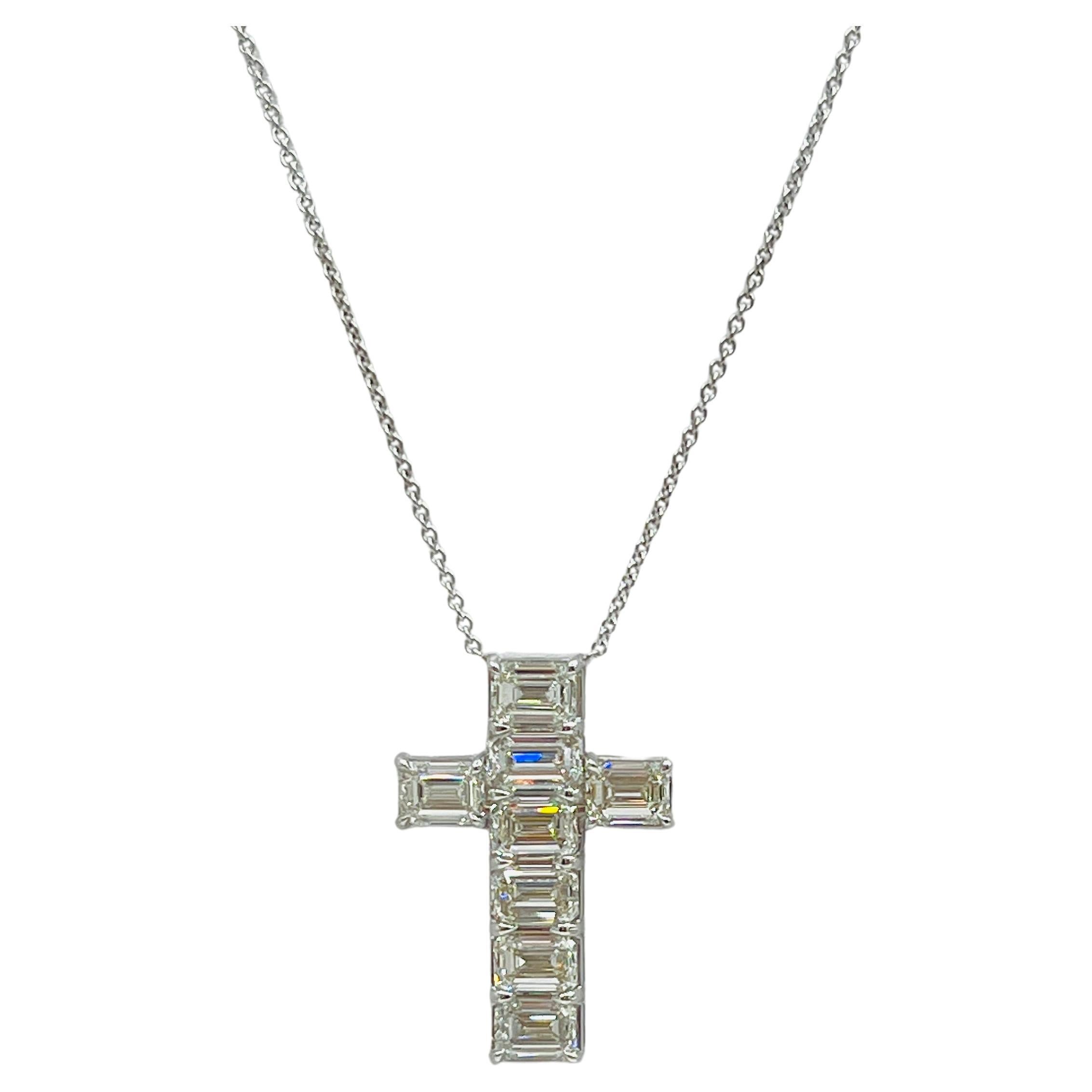 GIA 1 Carat Each White Diamond Emerald Cut Cross Pendant Necklace in 18K