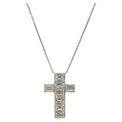 GIA 1 Carat Each White Diamond Emerald Cut Cross Pendant Necklace in 18K
