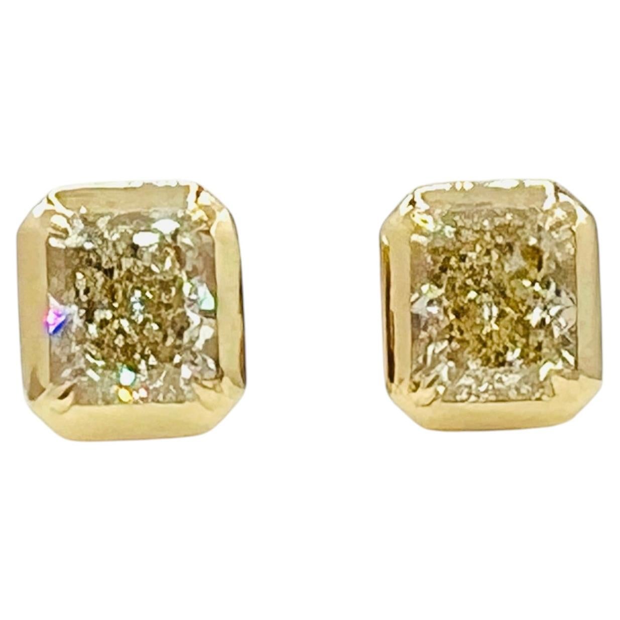 GIA 1 Carat Each Yellow Radiant Diamond Bezel Stud Earrings in 18K Yellow Gold