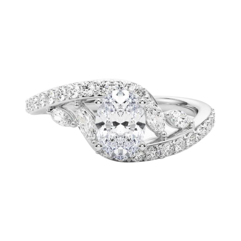 Bague en or blanc GIA de 1 carat à contournement ovale incurvé Leaf & Vine
