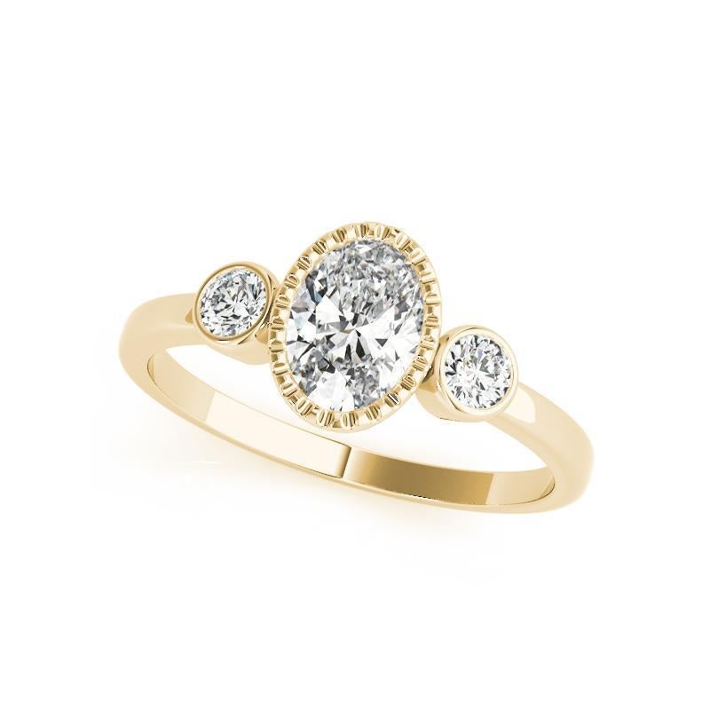 Taille ovale GIA Bague à trois pierres en or jaune 18 carats avec chaton texturé et ovale de 1 carat en vente