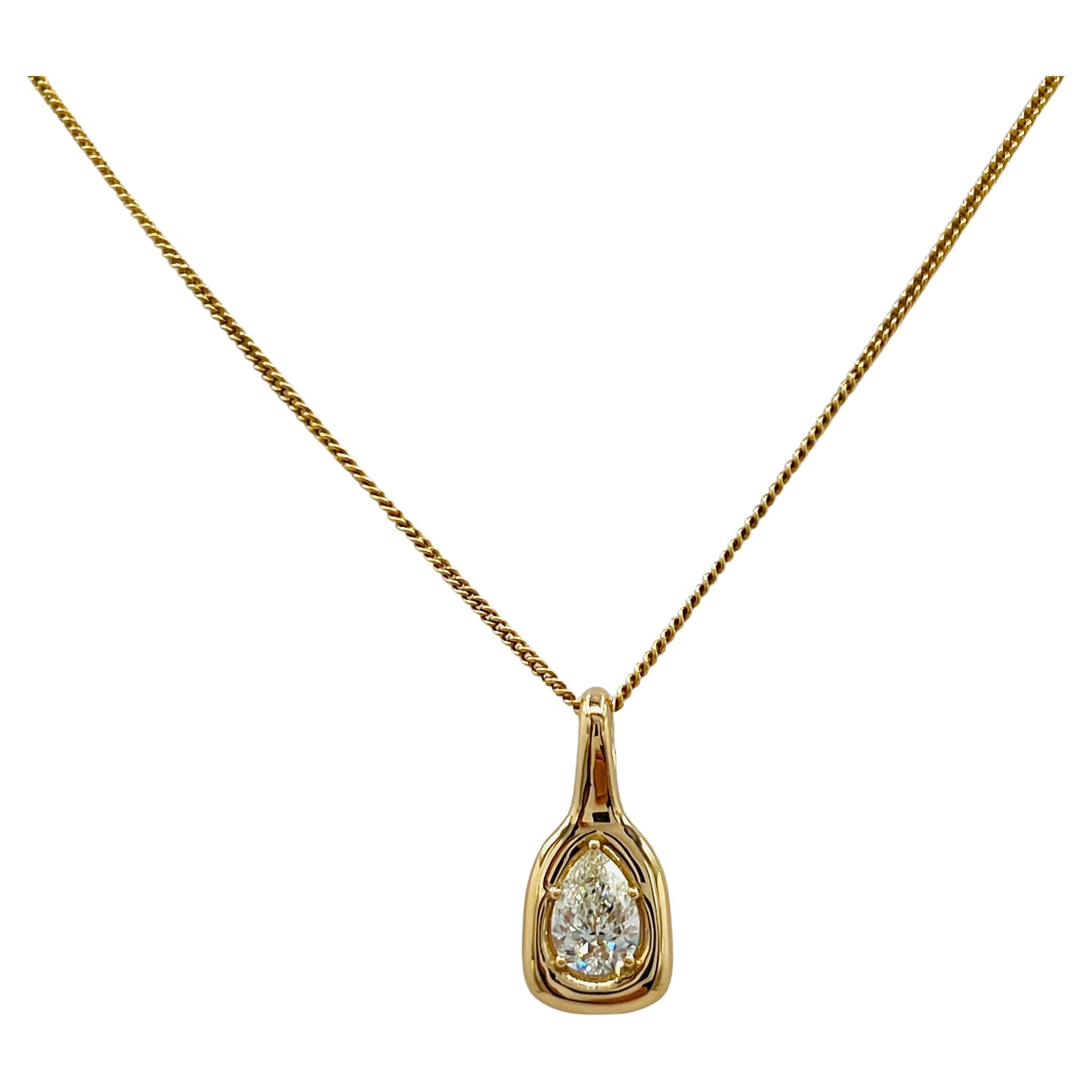 GIA 1 Carat Pear Shape Diamond Pendant Necklace in 18K Yellow Gold For Sale