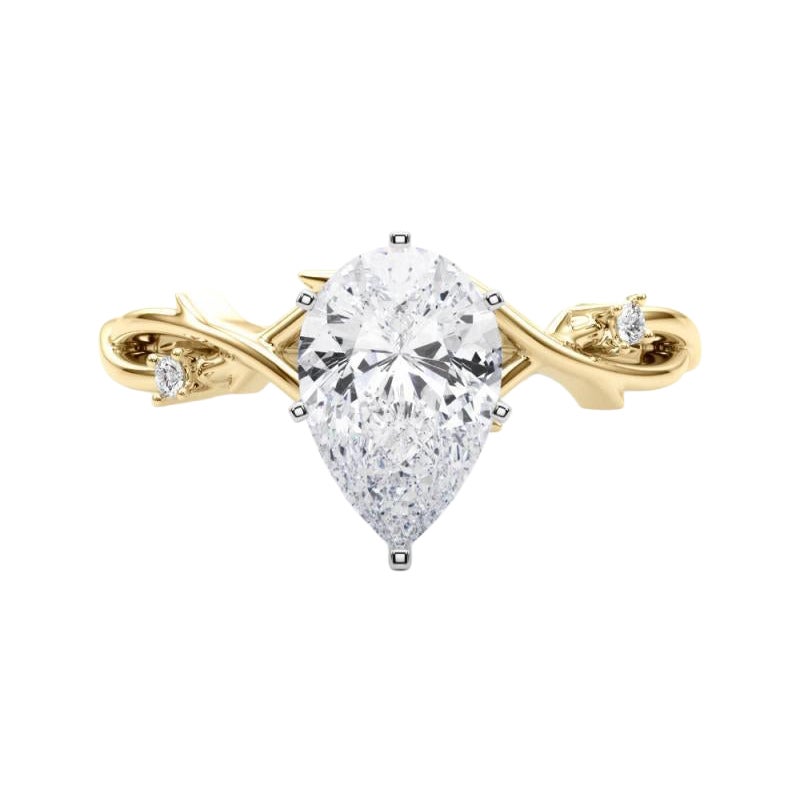 GIA 1 Carat Pear Vine Band Anello di diamanti in oro giallo 18K ispirato alla Nature in vendita