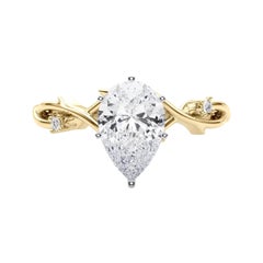 GIA 1 Carat Pear Vine Band Nature Inspired 18K Yellow Gold Diamond Ring