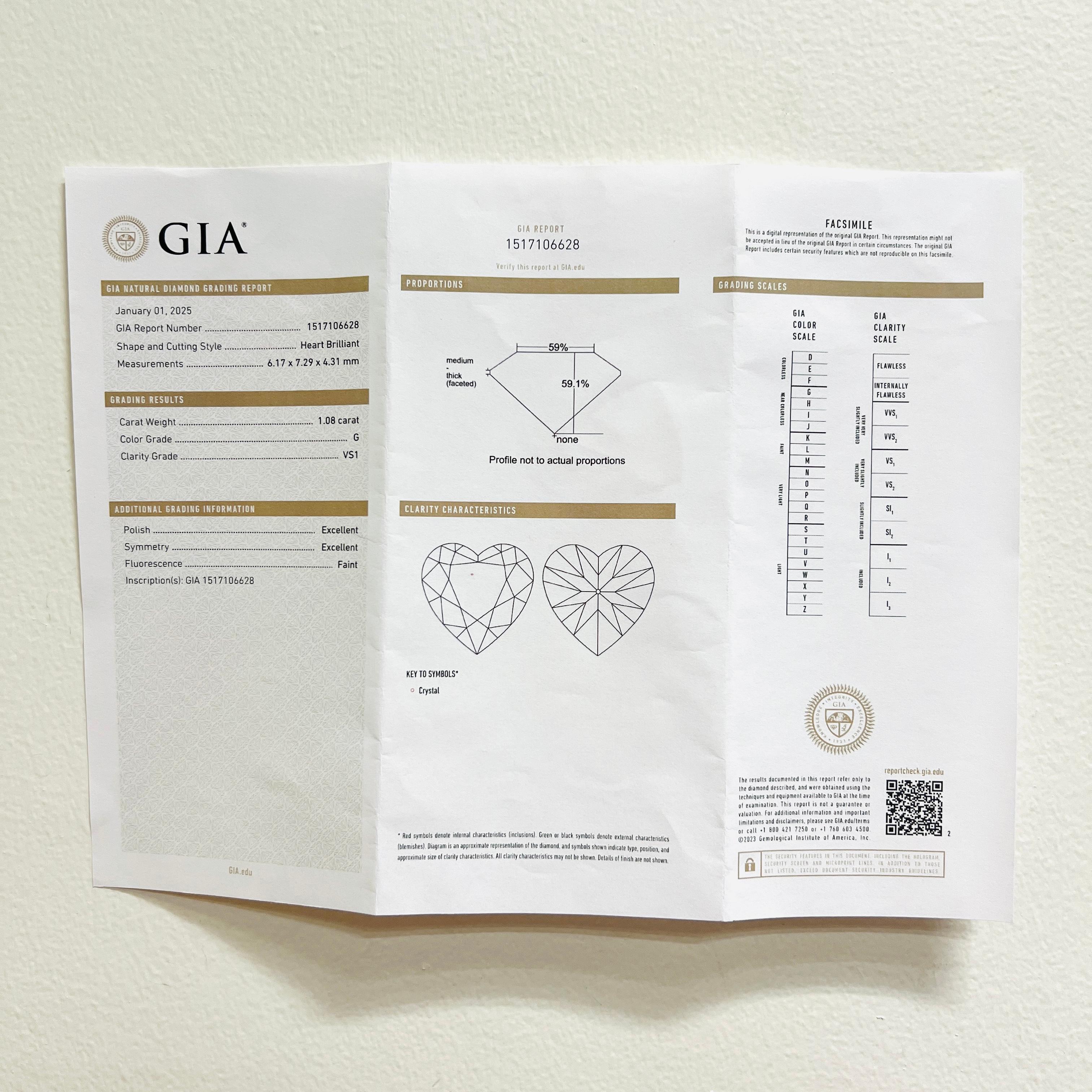 GIA Pendentif en or jaune 18 carats avec chaton en forme de cœur et diamant blanc de 1 carat en vente 1