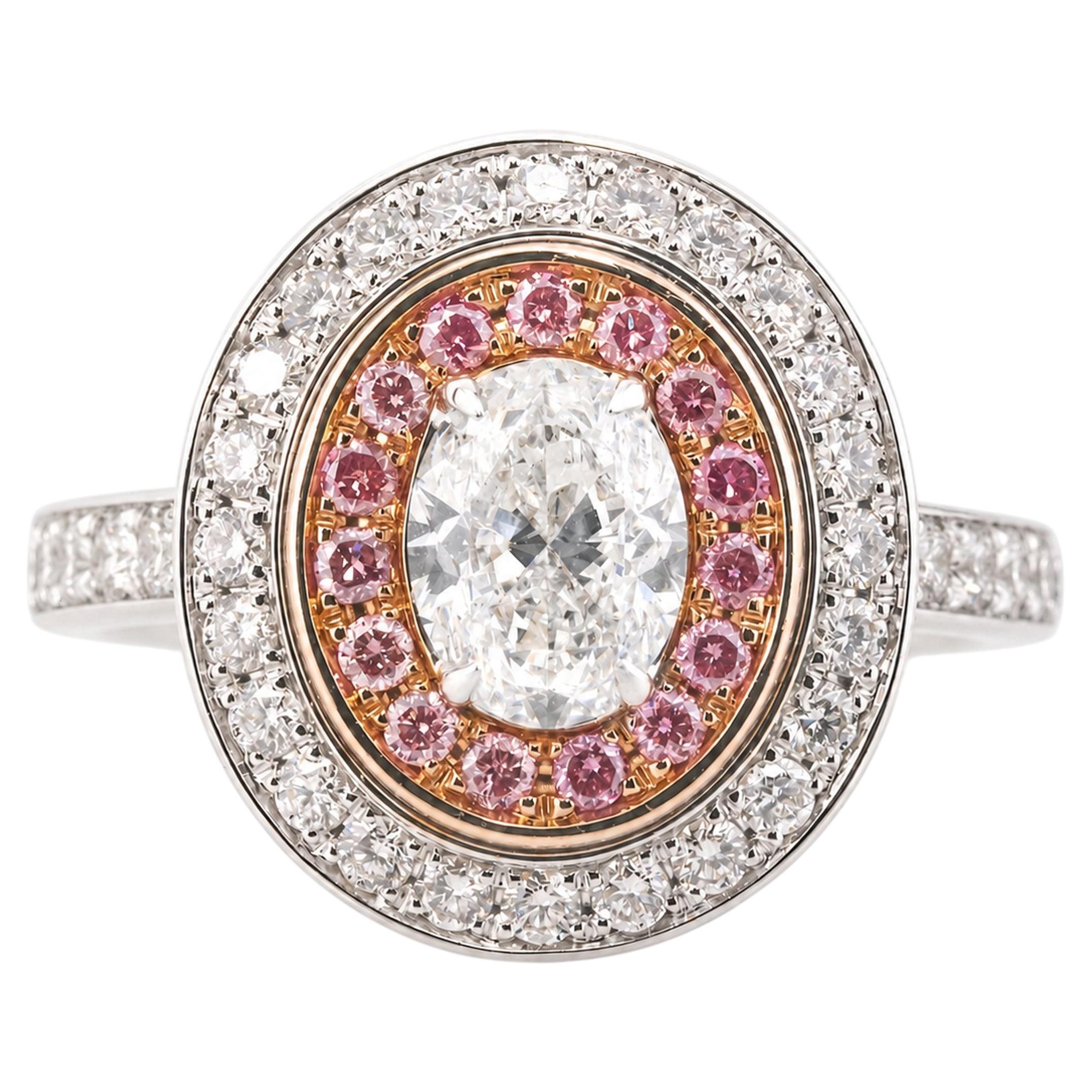 Anello con doppio halo in oro bianco e rosa con diamante naturale ovale GIA da 1 carato, grado G, purezza VVS2