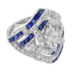 GIA 1 Ct Marquise Diamond Blue Sapphire Art Deco Style 18K White Gold Ring