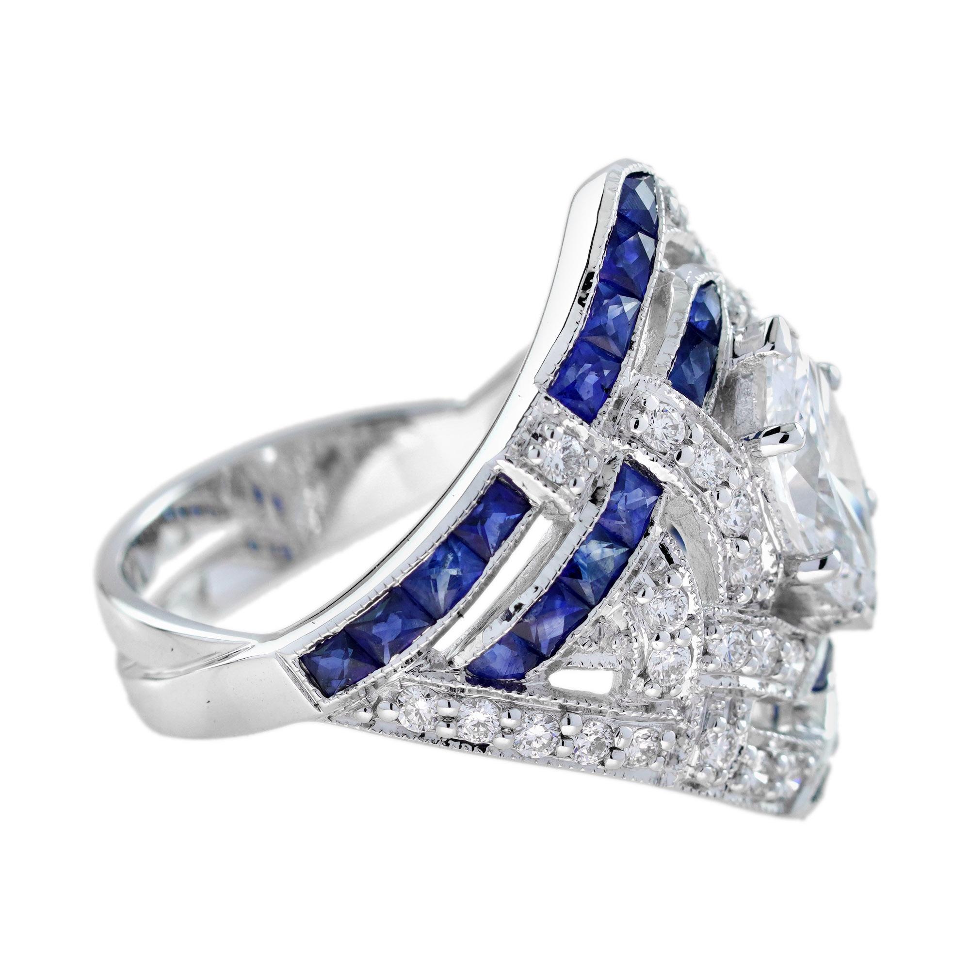 GIA 1 Ct Marquise Diamant Blauer Saphir Art Deco Stil 18K Weißgold Ring (Art déco) im Angebot