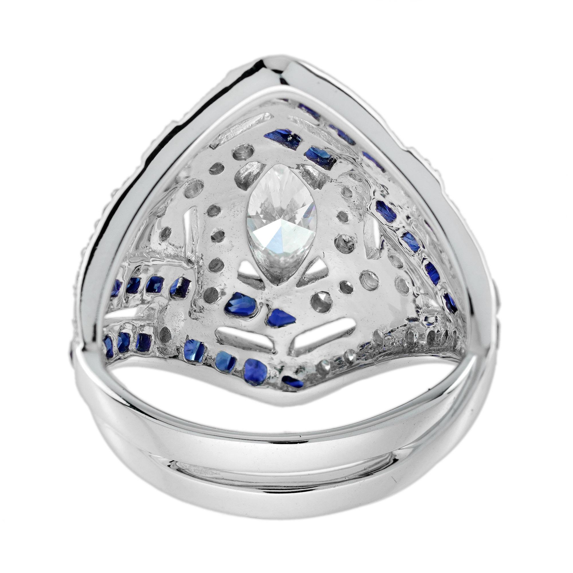GIA 1 Ct Marquise Diamant Blauer Saphir Art Deco Stil 18K Weißgold Ring (Marquiseschliff) im Angebot