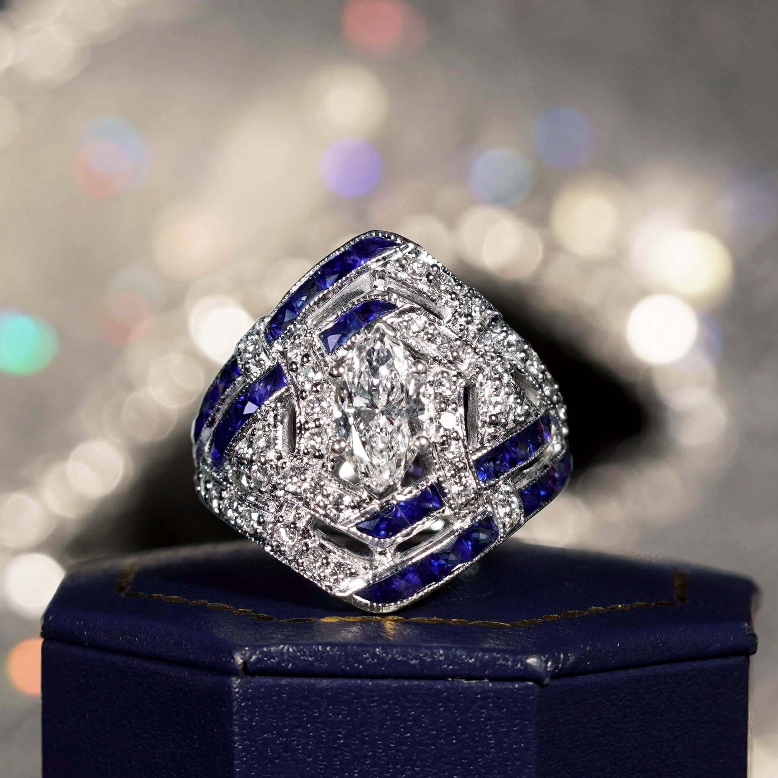GIA 1 Ct Marquise Diamant Blauer Saphir Art Deco Stil 18K Weißgold Ring Damen im Angebot