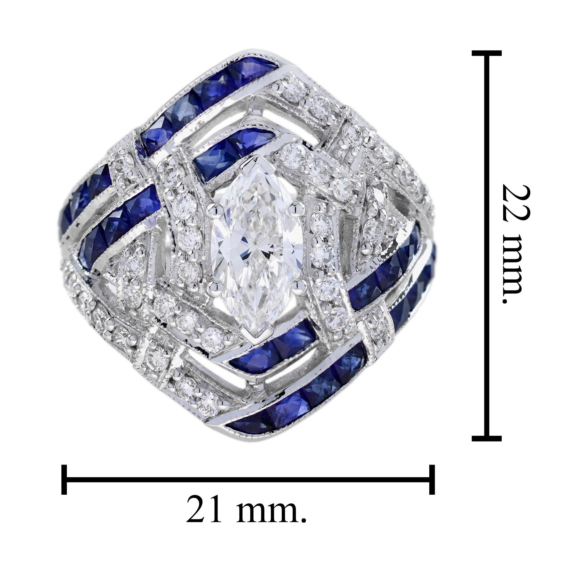 GIA 1 Ct Marquise Diamant Blauer Saphir Art Deco Stil 18K Weißgold Ring im Angebot 2