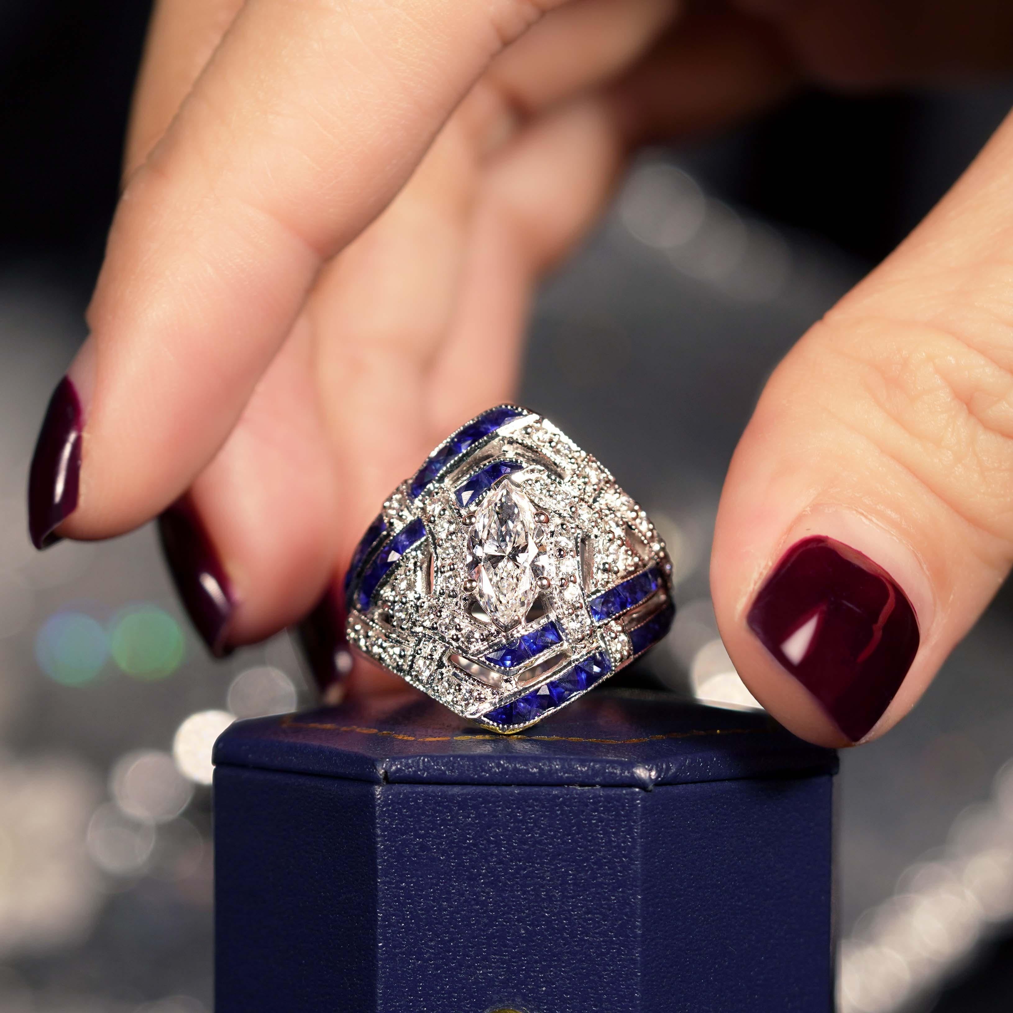 Marquise Cut GIA 1 Ct Marquise Diamond Blue Sapphire Art Deco Style Engagement Ring 18K Gold