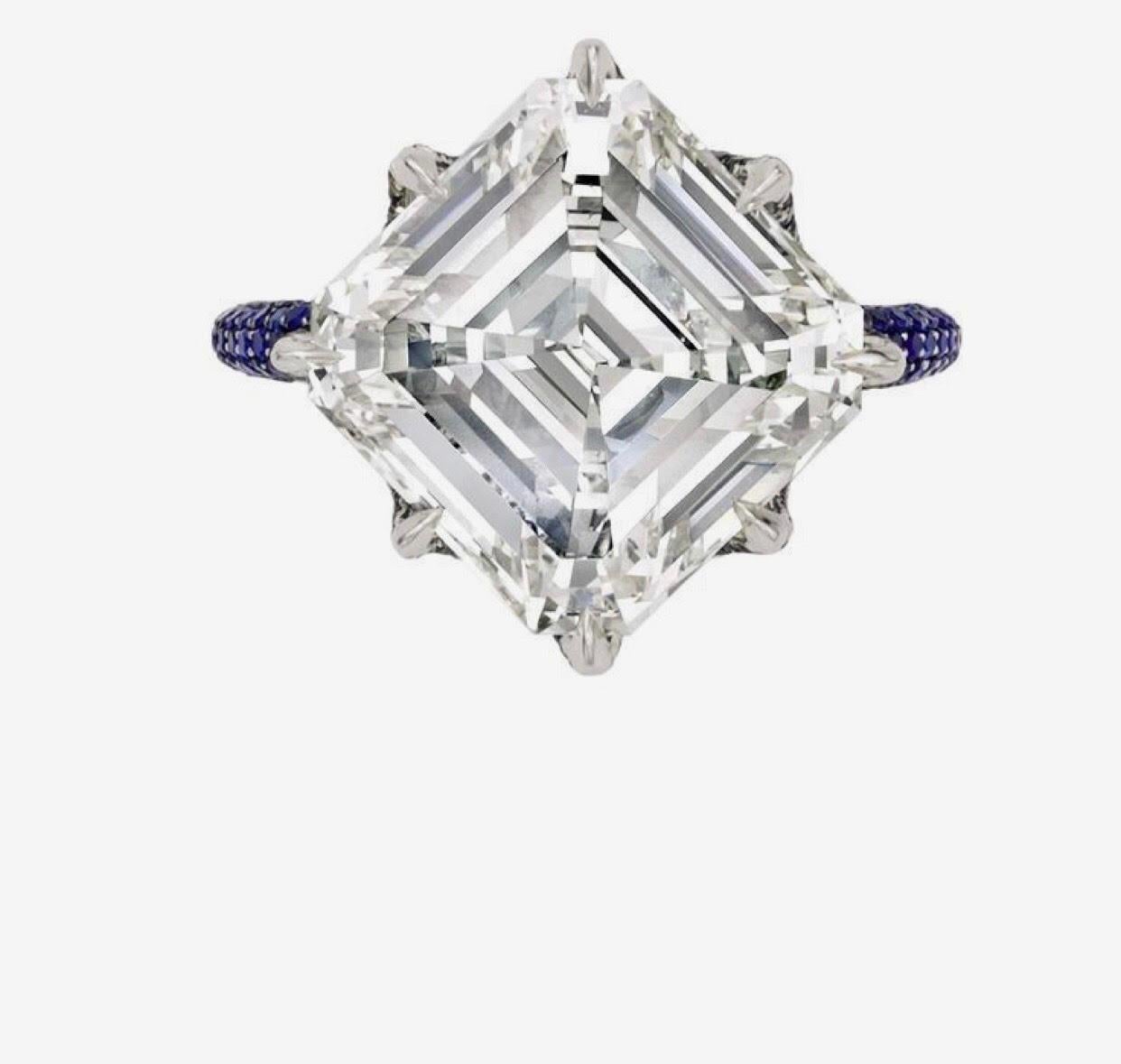 GIA 8 Carat Asscher Cut Diamond Blue Sapphire Engagement 950 Platinum Ring In New Condition For Sale In Tarzana, CA