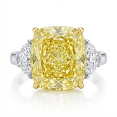 GIA 10 Carat Fancy Yellow Diamond Ring Cushion Cut VS1 Three-Stone
