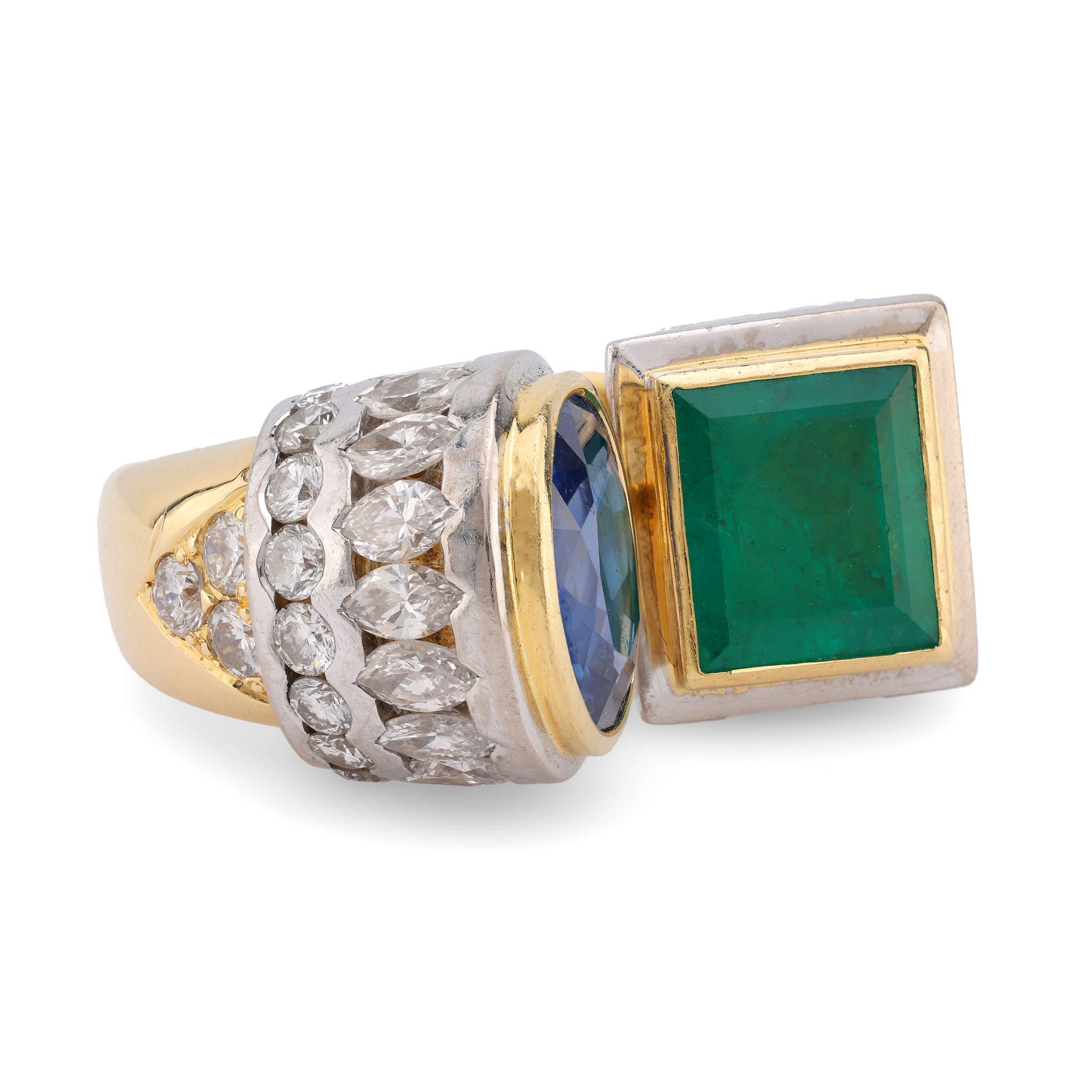 Modern GIA 10 Carat Sapphire GIA 5.3 Carat Emerald Diamond 18K Yellow Gold Large Ring