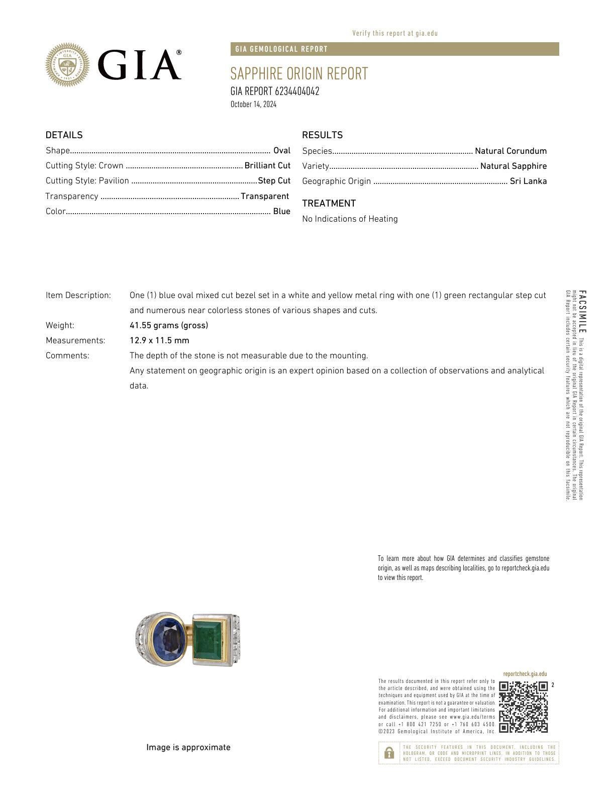 GIA 10 Carat Sapphire GIA 5.3 Carat Emerald Diamond 18K Yellow Gold Large Ring In Excellent Condition In Beverly Hills, CA