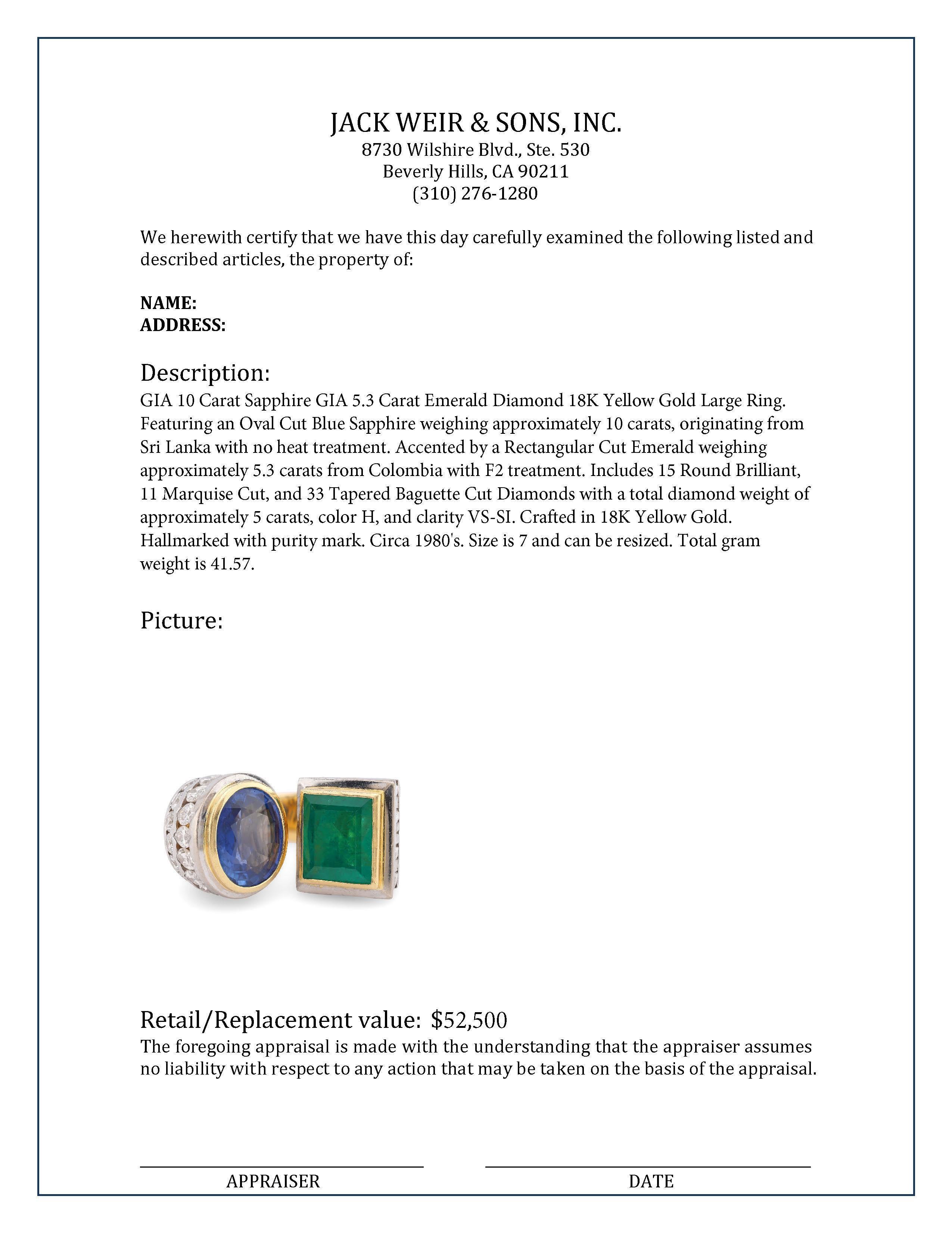 GIA 10 Carat Sapphire GIA 5.3 Carat Emerald Diamond 18K Yellow Gold Large Ring 1