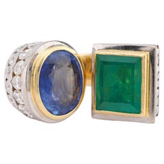 GIA 10 Carat Sapphire GIA 5.3 Carat Emerald Diamond 18K Yellow Gold Large Ring