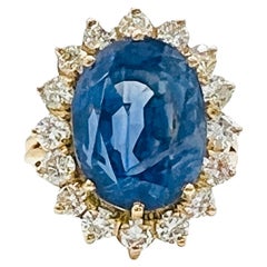 GIA 10 Carat Sri Lanka Blue Sapphire Oval and Round Diamond Ring in 18K Gold