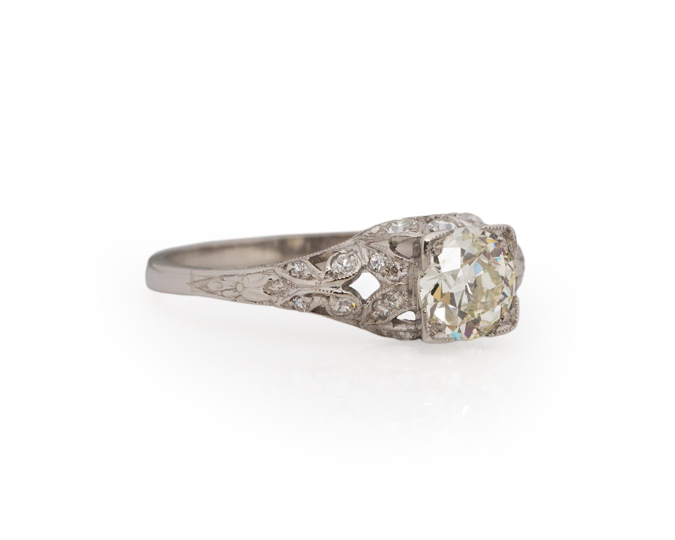 Ring Size: 9.5
Metal Type: Platinum [Hallmarked, and Tested]
Weight: 4.0 grams

Center Diamond Details:
GIA REPORT #: 5222375016
Weight: 1.00ct
Cut: Old European brilliant
Color: M
Clarity: VVS2
Measurements: 6.45mm x 6.38mm x 3.75mm

Side Stone